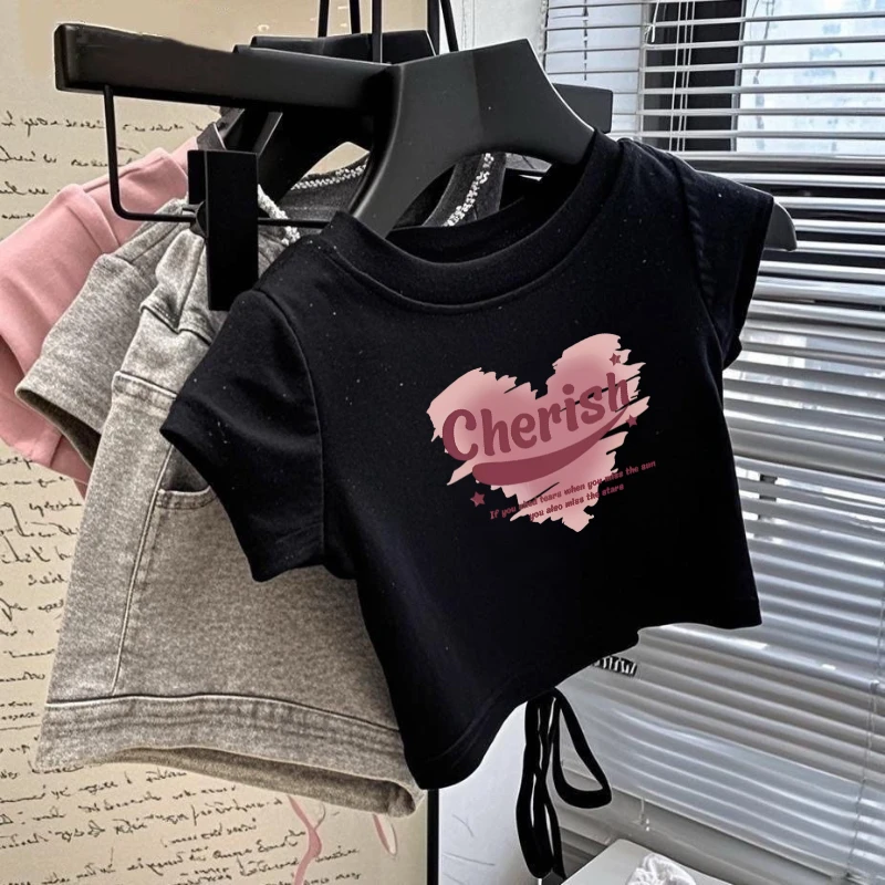 【重磅220克好品质】短款女童纯棉露背短袖T恤韩版印花洋气上衣潮