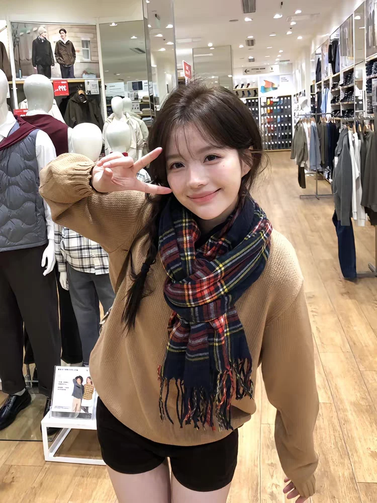 藏青色红色条纹围巾韩系保暖时尚女厚款围巾复古网红秋冬圣诞节款