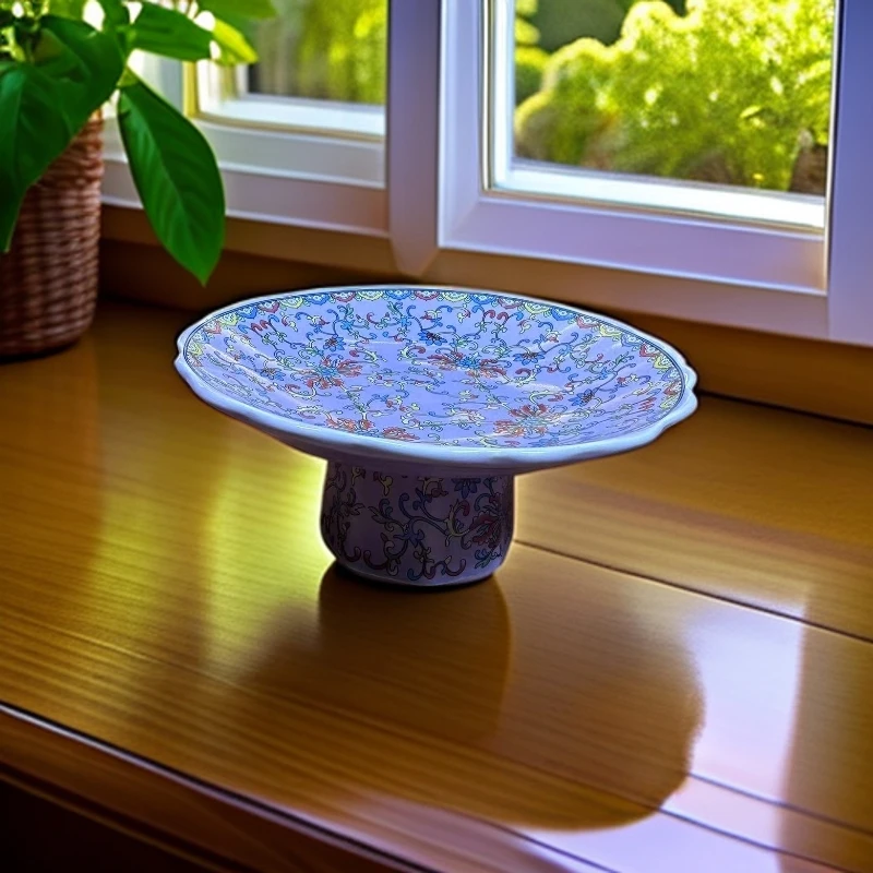 紫砂珐琅彩缠枝莲中式手绘高脚果盘1206陶瓷日式茶杯精致圆形家用