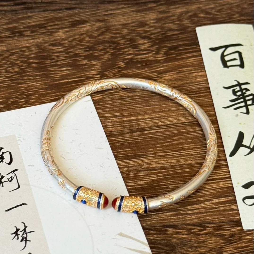 足银手镯 A44新中式国风古法描金唐纹实心开口手镯传承高级感七夕