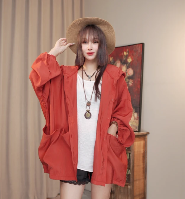 【天宇】石榴红净版连帽四兜女款上衣外套S63