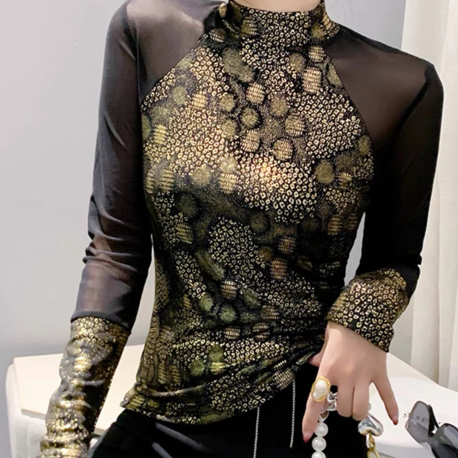 半高领网纱打底衫女秋冬新款欧货设计感显瘦长袖t恤镂空拼接上衣