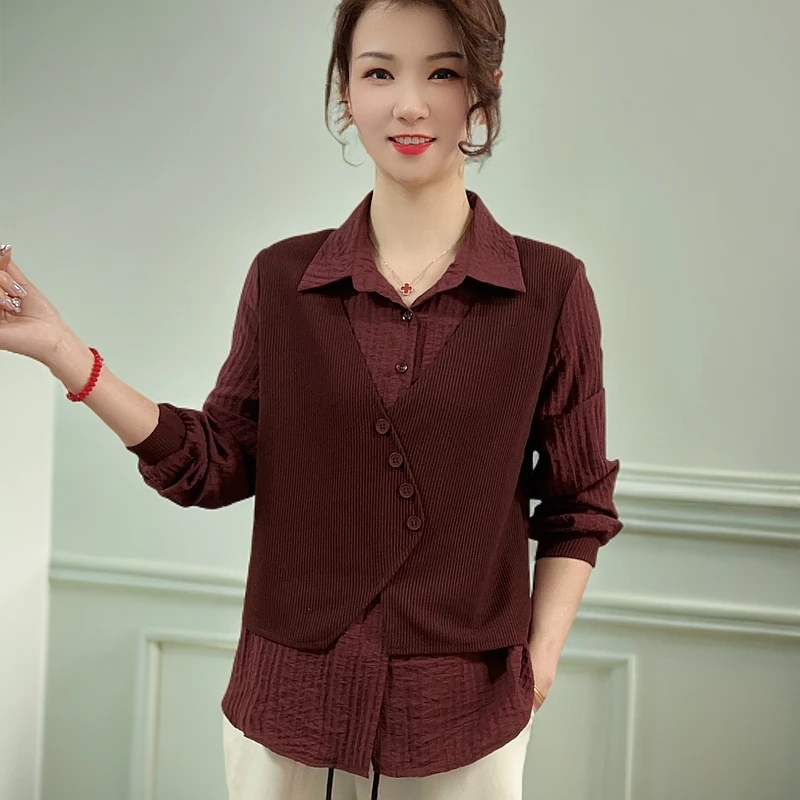 新款宽松显瘦休闲中年上衣洋气百搭减龄显瘦长袖时尚背心上衣衬衣