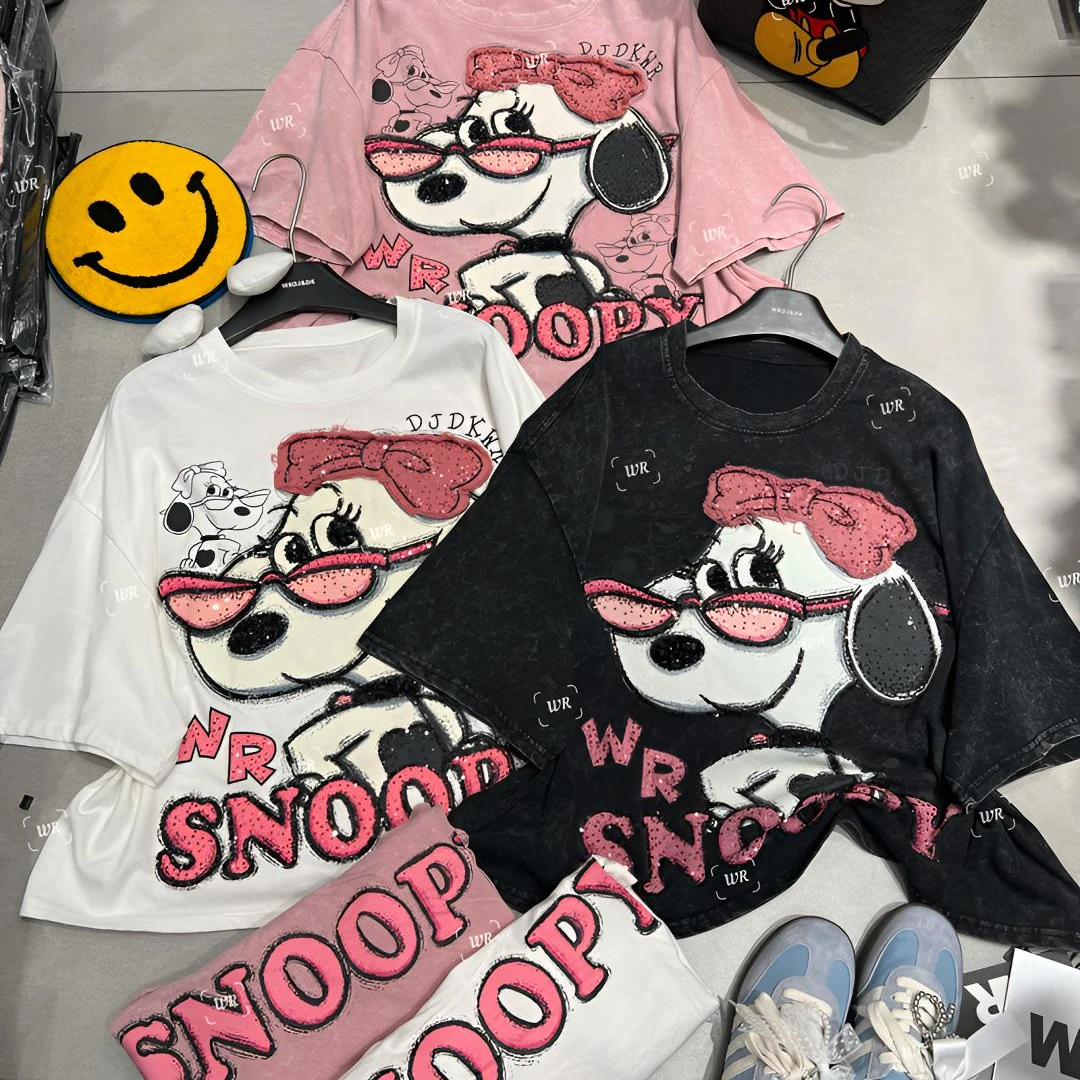 刺绣小众特色个性街头休闲风T恤印花网红半袖女士史努比短款纯棉