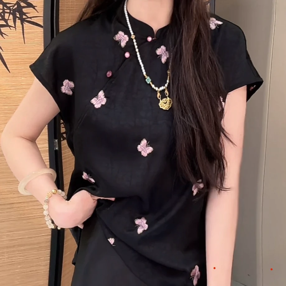 新中式国风设计师款夏季新款国风盘扣蝴蝶印花上衣半身裙