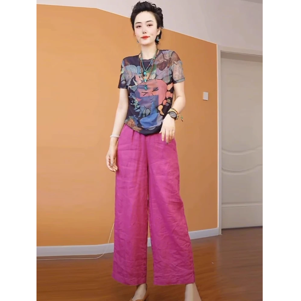 时尚套装女2025夏季新款洋气显瘦印花短袖T恤阔腿裤休闲两件套潮