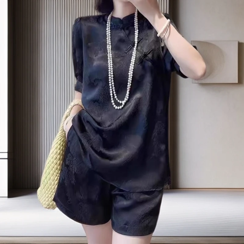 夏季轻国风盘扣短袖衬衫阔腿短裤两件套高端新中式黑色提花套装女