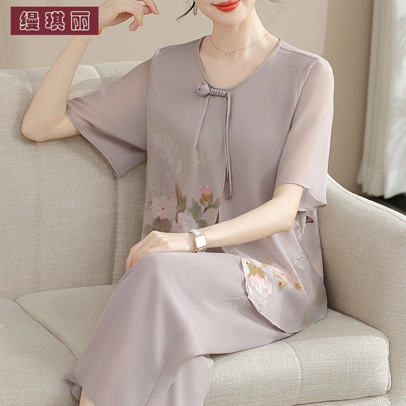 新中式妈妈夏装套装气质雪纺小衫洋气中老年女装夏季短袖T恤上衣