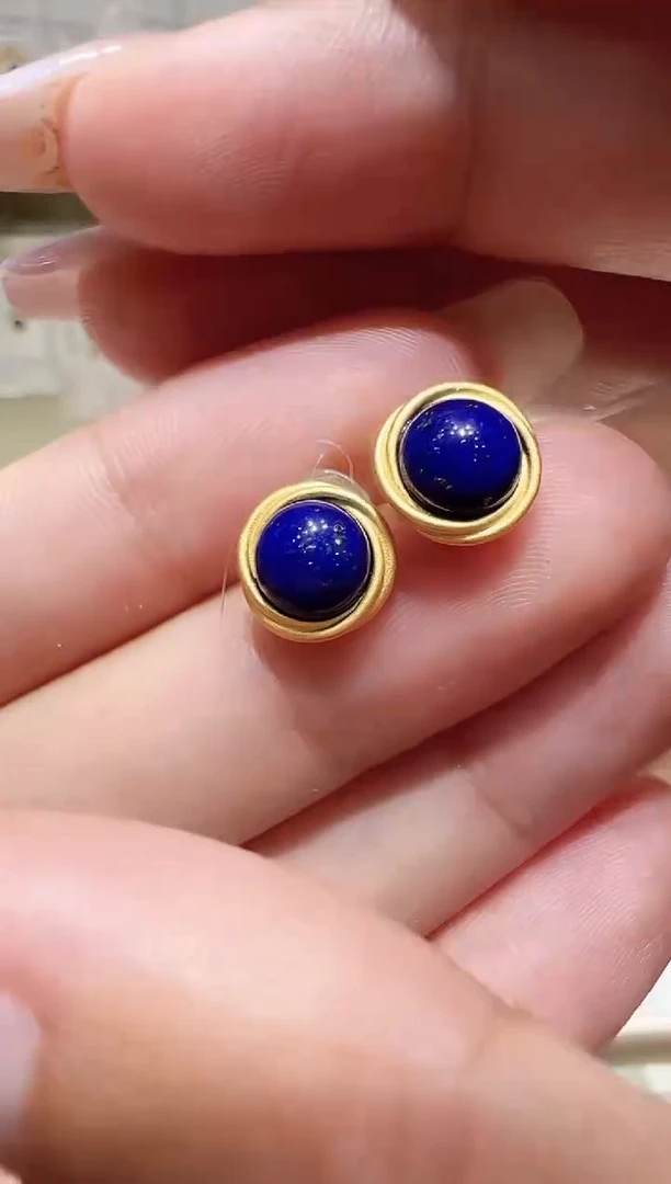 银S925镀金镶嵌青金石耳饰@@