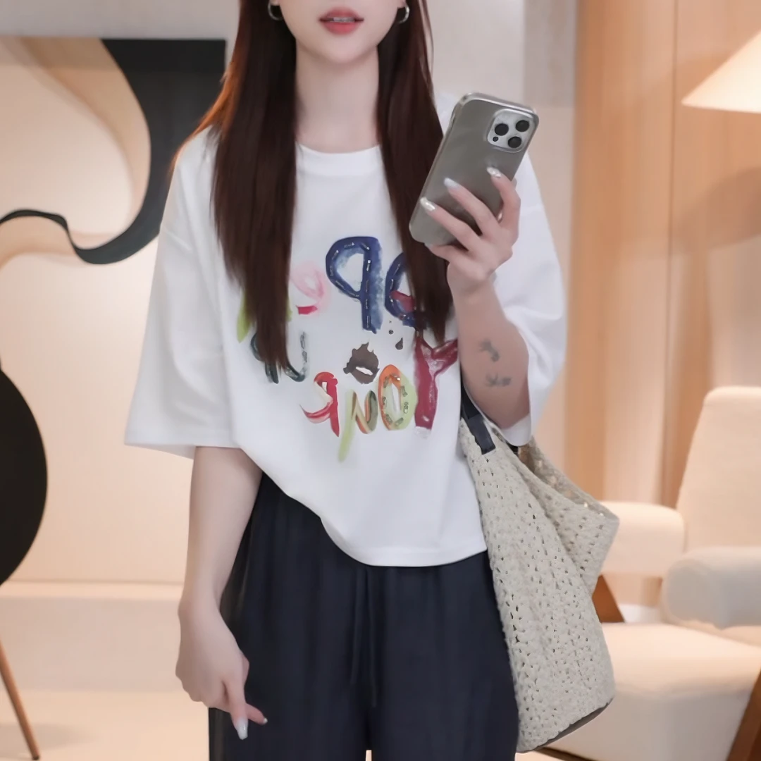 2025夏季时尚宽松设计感趣味彩色字母带钻短款短袖T恤LK2503382