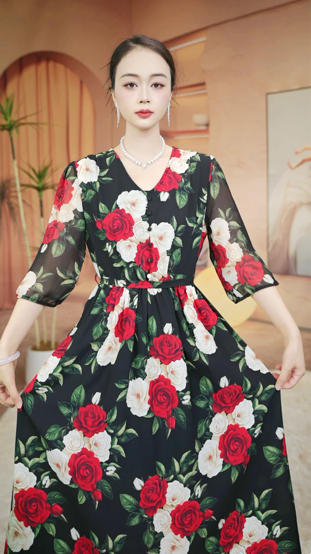 浪漫玫瑰百搭时尚洋气专柜品质春夏薄款中长款连衣裙子女洋气百搭