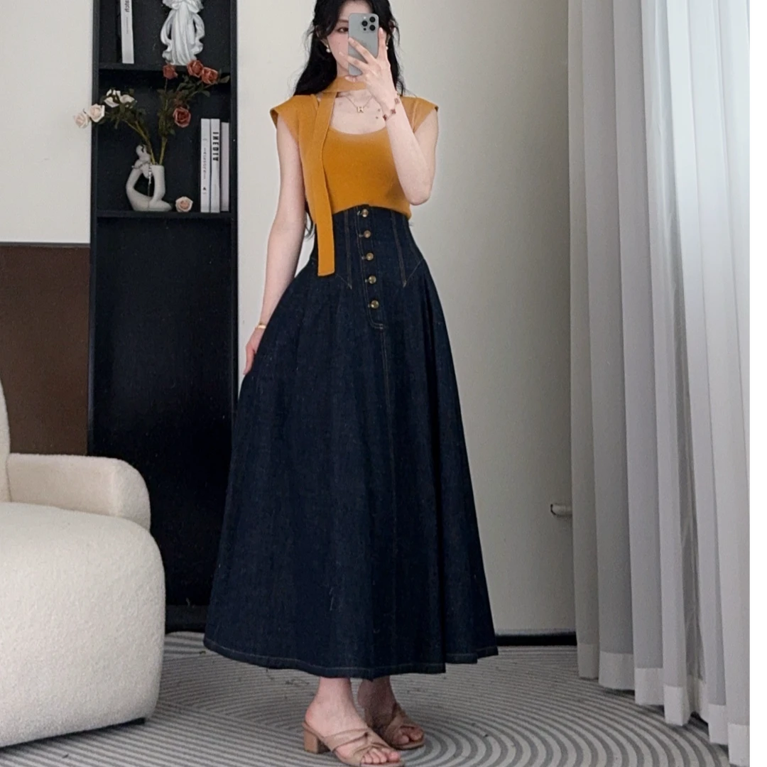 拉夏贝尔25夏季新显瘦高腰休闲显瘦无袖上衣+牛仔半裙 00024 SXJ