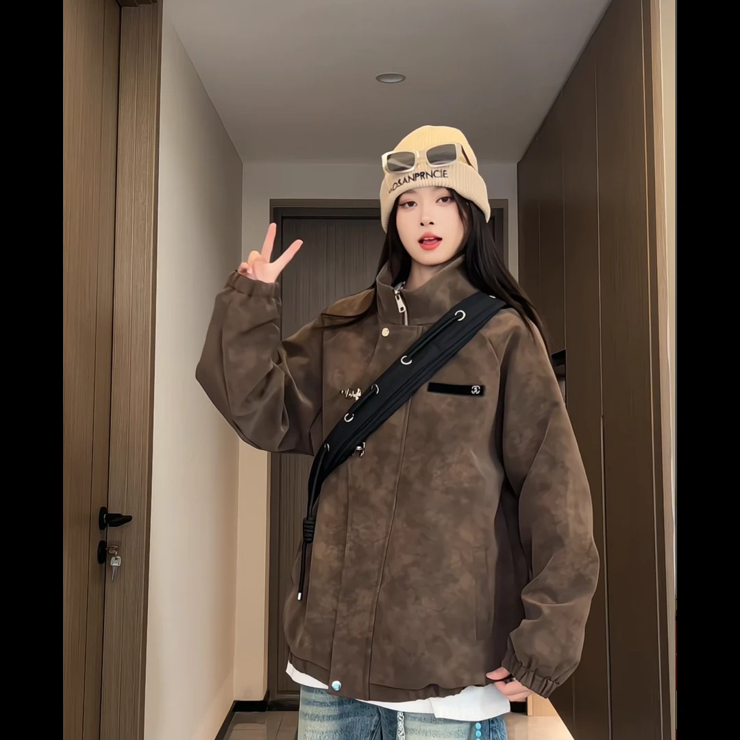 美式复古扎染皮衣外套男款春秋季新款宽松休闲百搭夹克男装上衣男