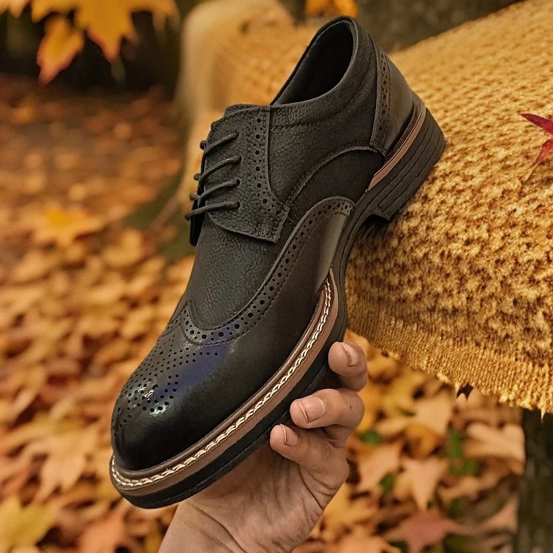 休闲皮鞋四季通用轻便休闲风圆头皮鞋单鞋商务牛津鞋系带男士