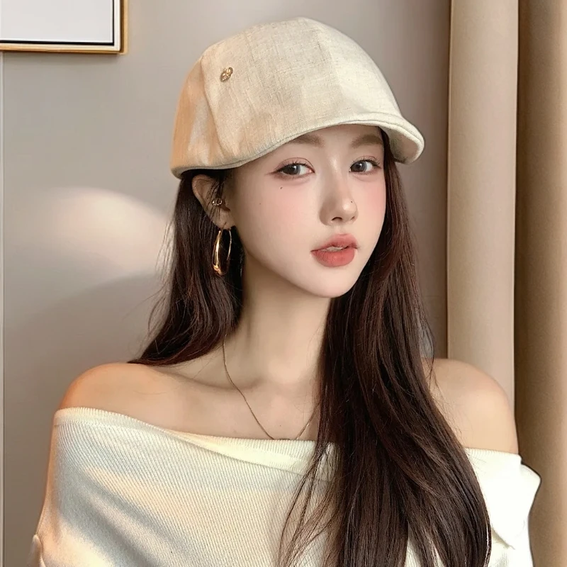日系文艺棉麻前进帽女夏季薄款透气防晒鸭舌报童帽复古百搭贝雷帽