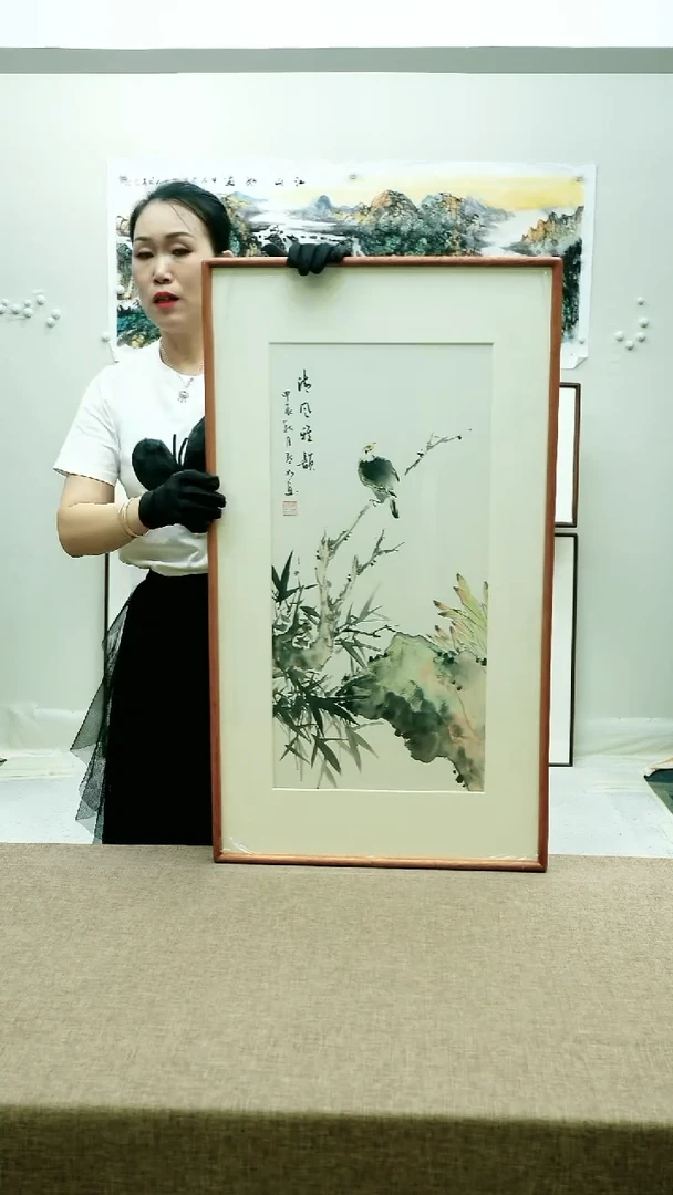 国画52*92陈默如手绘花鸟带框