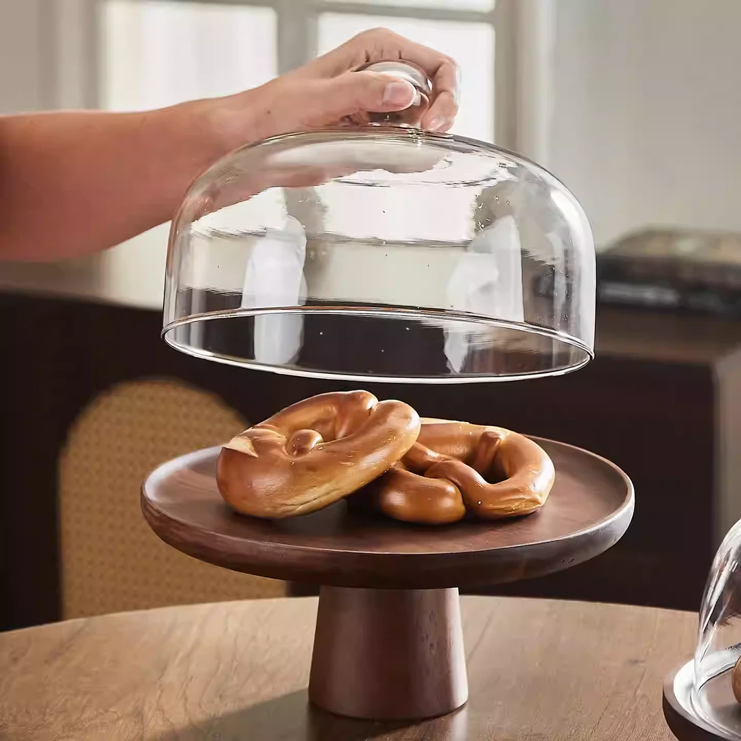 中式机器压制釉上彩透气纯色果盘透明欧式双层玻璃罩