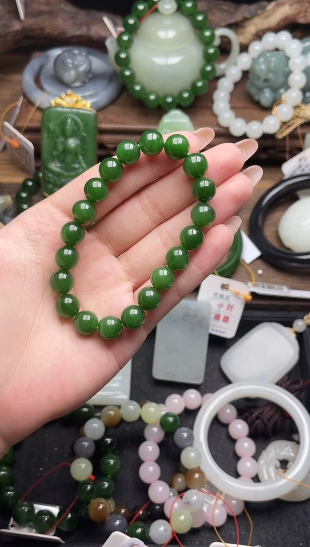未镶嵌手串和田玉卡10俄七碧玉 圆珠9011486