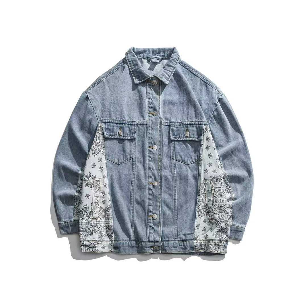 春季百搭休闲腰果花拼接牛仔男女情侣夹克-7751