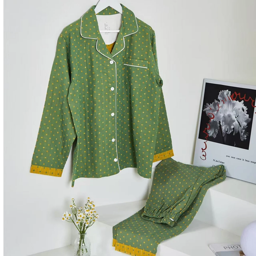 长袖长裤|波点双层纱棉男女款睡衣套装双层纱睡衣宽松