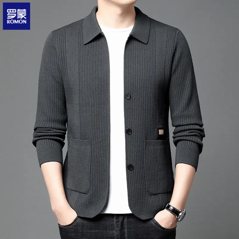 罗蒙2025春秋新款开衫毛衣年轻男士翻领针织衫时尚休闲纯色夹克潮