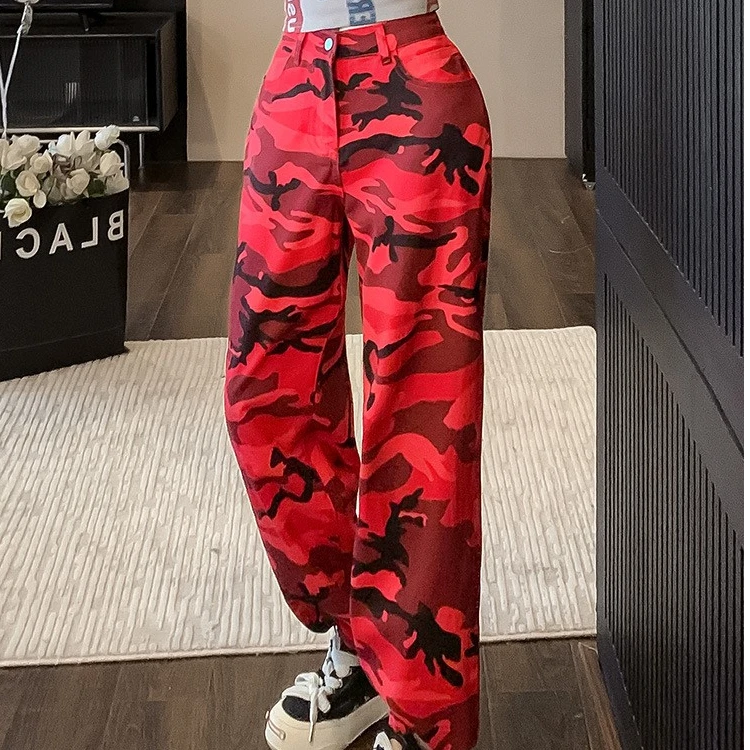 007-编号爆款迷彩裤牛仔裤女阔腿裤高腰显瘦直筒裤新款工装束脚裤