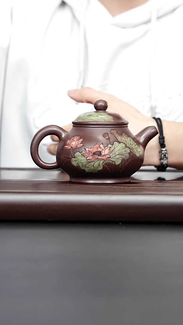 茶壶紫砂宜兴紫砂 荷趣潘壶 老紫泥 梅付春