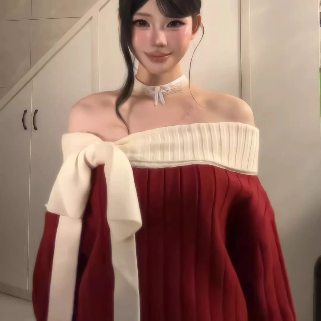 圣诞红色毛衣连衣裙女秋冬季蝴蝶结绝美针织衫宽松一字肩长袖上衣