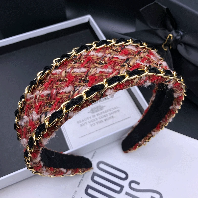 新款气质发饰复古简约风休闲风百搭女士链条宽边秋冬针织高档发箍