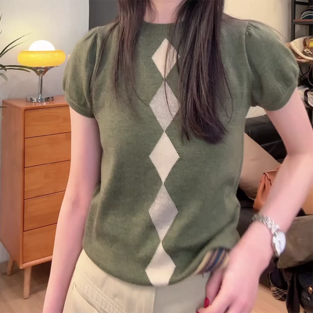 菱格圆领短袖针织衫百搭常规款修身毛针织衫短袖 C5887