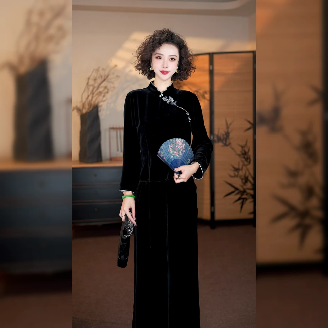 【晚香玉】满分桑蚕丝丝绒上衣女秋修身新中式国风小衫MCGSY1656
