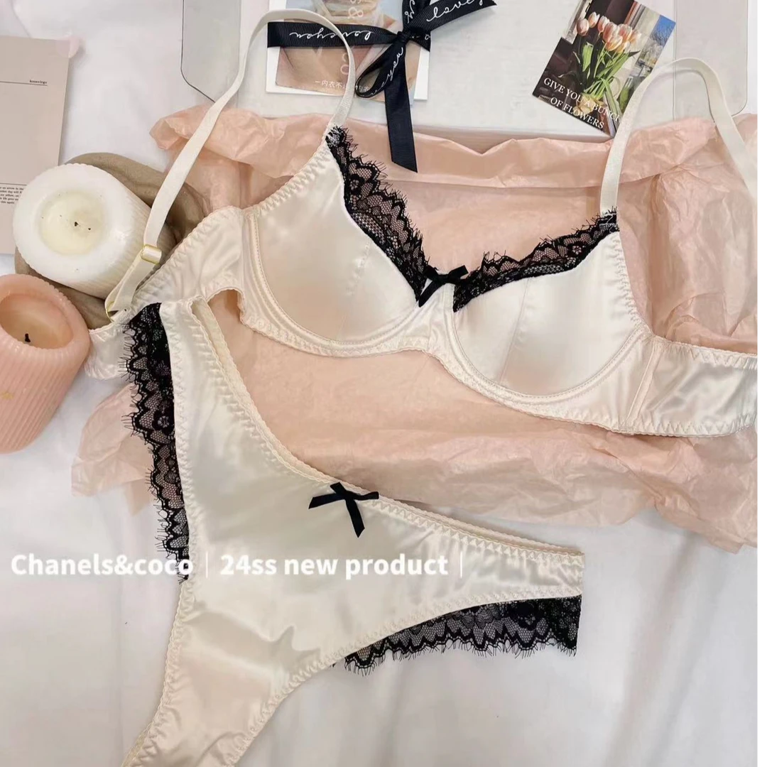 法式性感缎面拼接蕾丝内衣套装