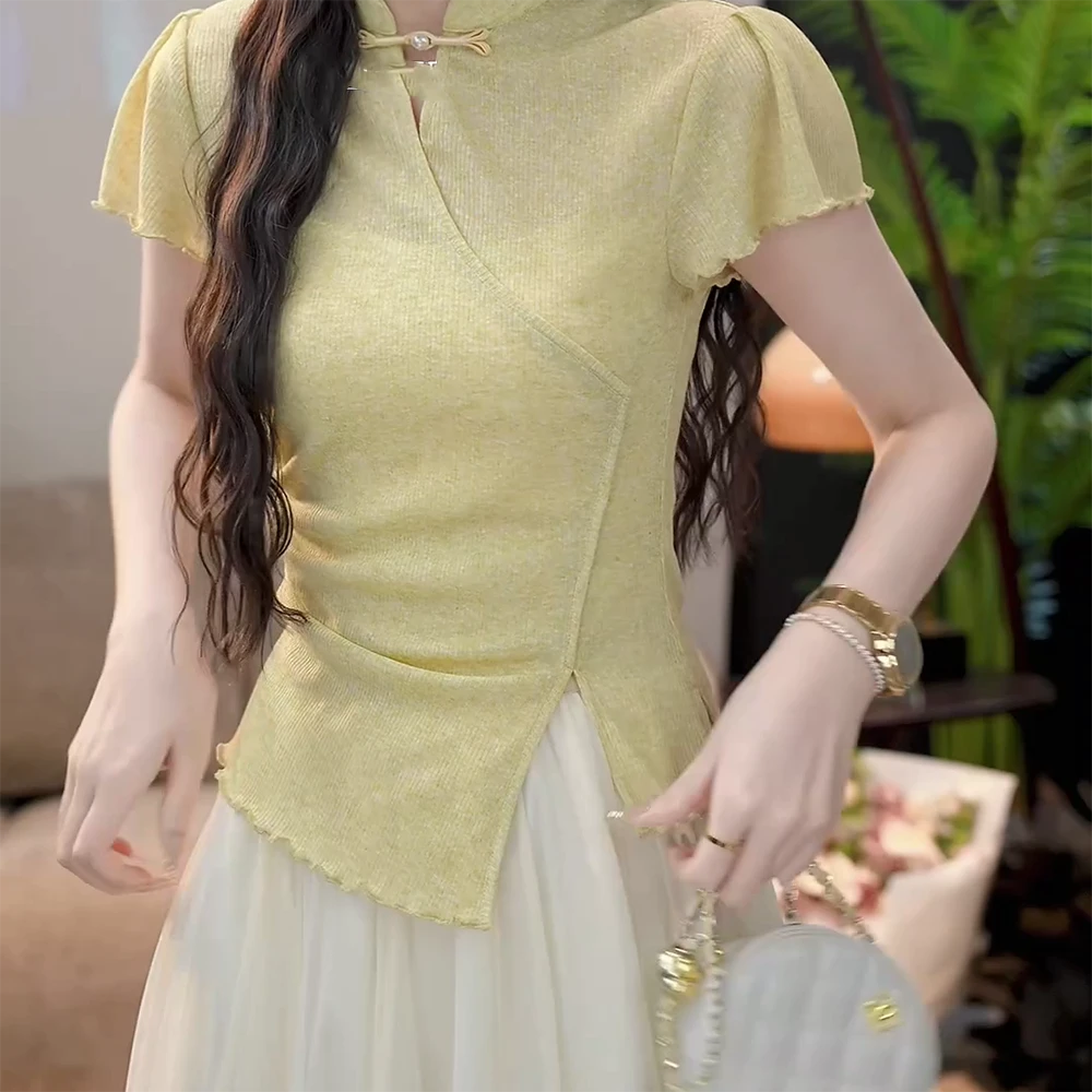 【漫岛诗集】夏季新款国风立领盘扣不规则短袖T恤显瘦气质