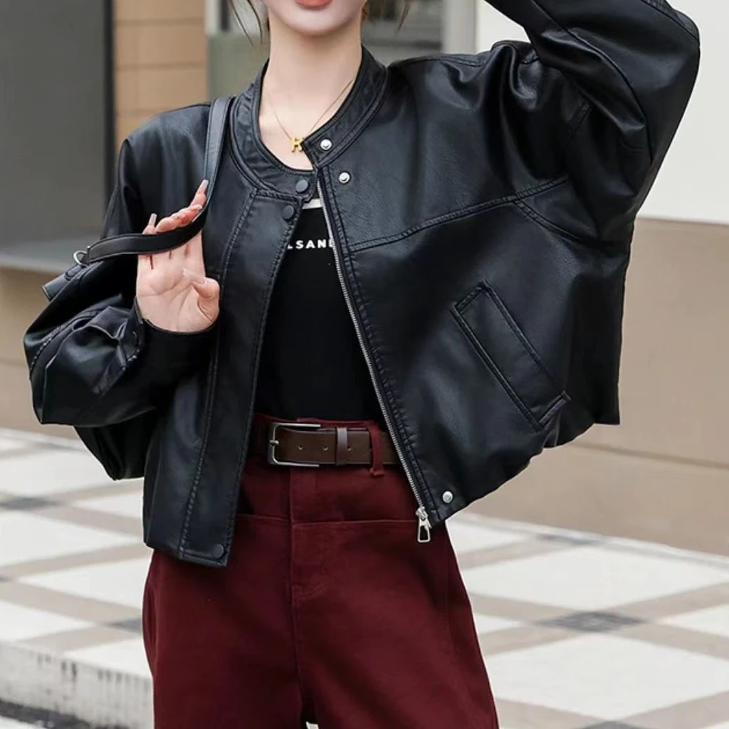 春季新款复古皮衣宽松女短款百搭时尚