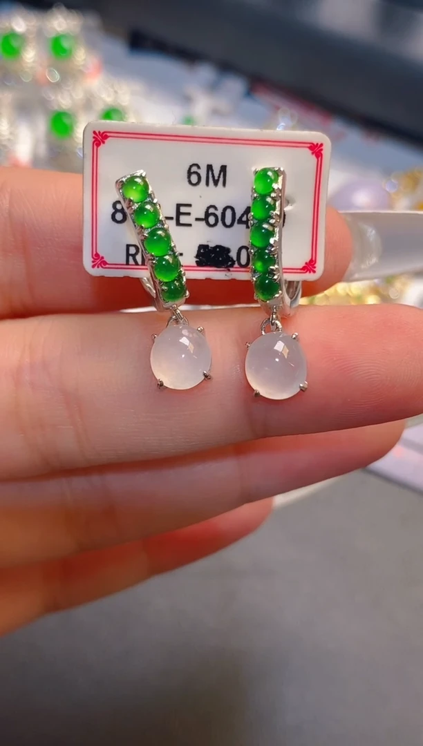 翡翠银S925镶嵌耳饰天然