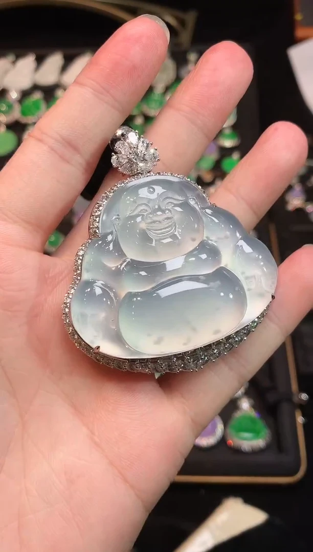 吊坠(赠链)18K金镶嵌翡翠玻璃种木纳雪花棉大佛公吊坠