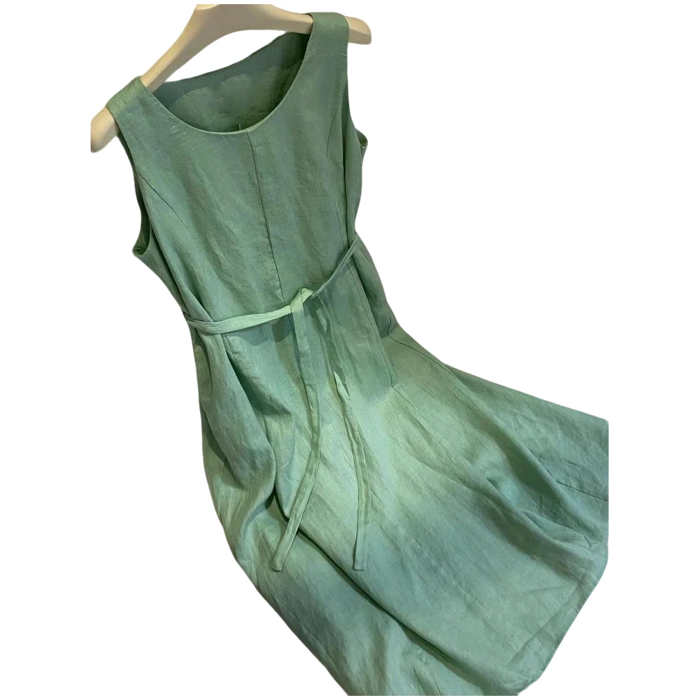 超时尚绿色无袖纯色长款连衣裙2025爆款高级感法式气质收腰长裙子