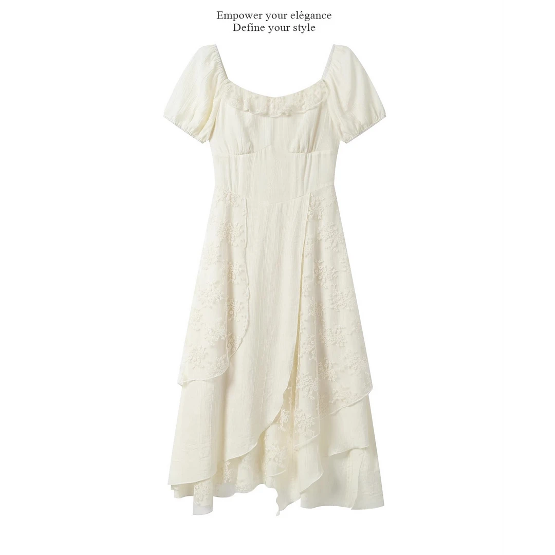 【现现】杏色花边泡泡袖连衣裙女新款夏季收腰显瘦长裙Y50550350