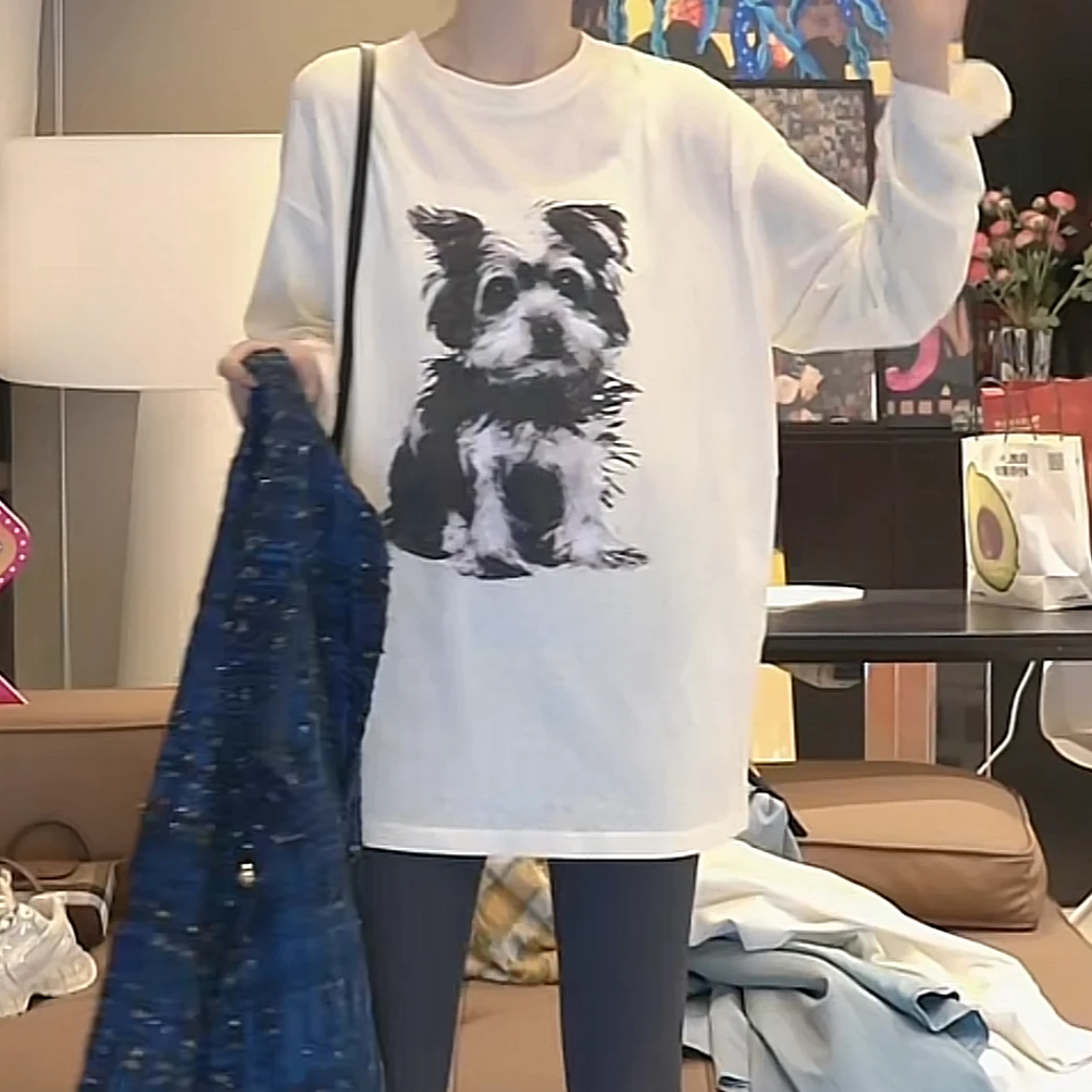 正肩显瘦长款时尚舒适洋气薄款长袖打底T恤2025春款小狗印花上衣
