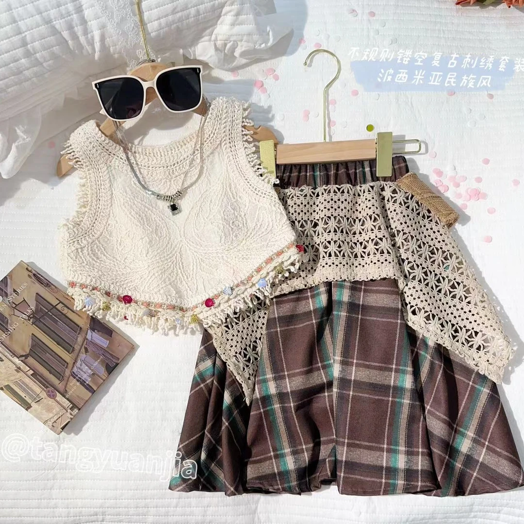 汤圆家童装2025夏季新款复古民族风不规则镂空套装 YA-1607
