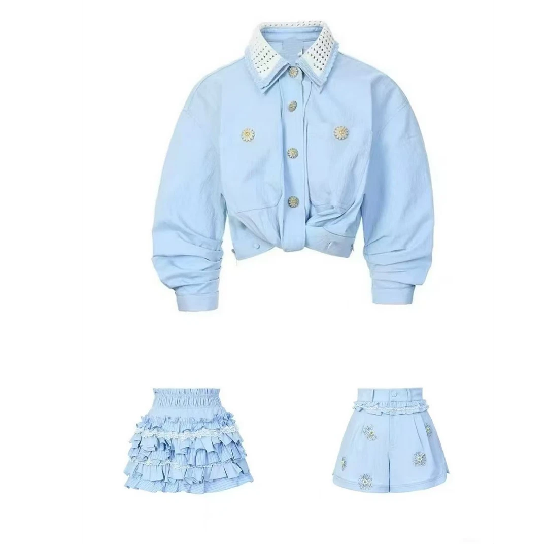 新款订制款面料小雏菊重工蓝色减龄时尚套装