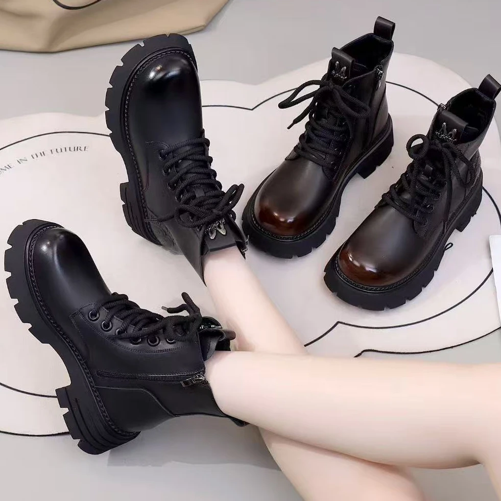 厚底系带马丁靴女M短筒秋季新款显高百搭短靴英伦风女靴子86861