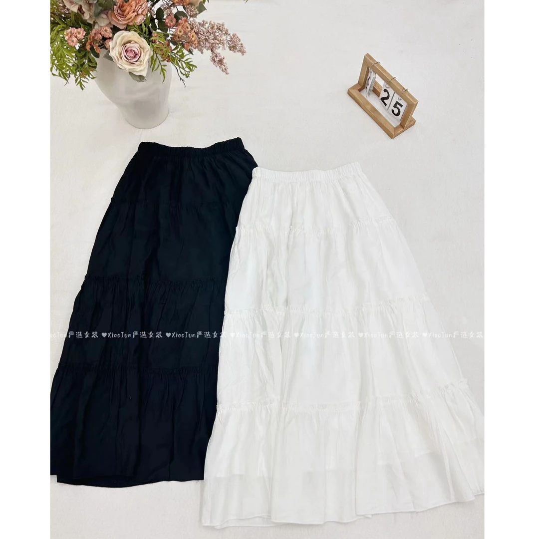 [小君定制]春季A字松紧腰中长款洋气显瘦皱褶超仙垂感气质蛋糕裙