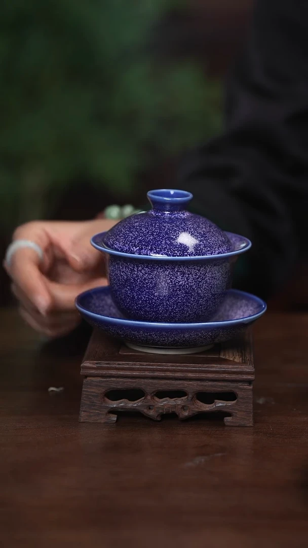 【闪购商品】清凉寺原产地仿古仿釉手工钧瓷元宝三才盖碗