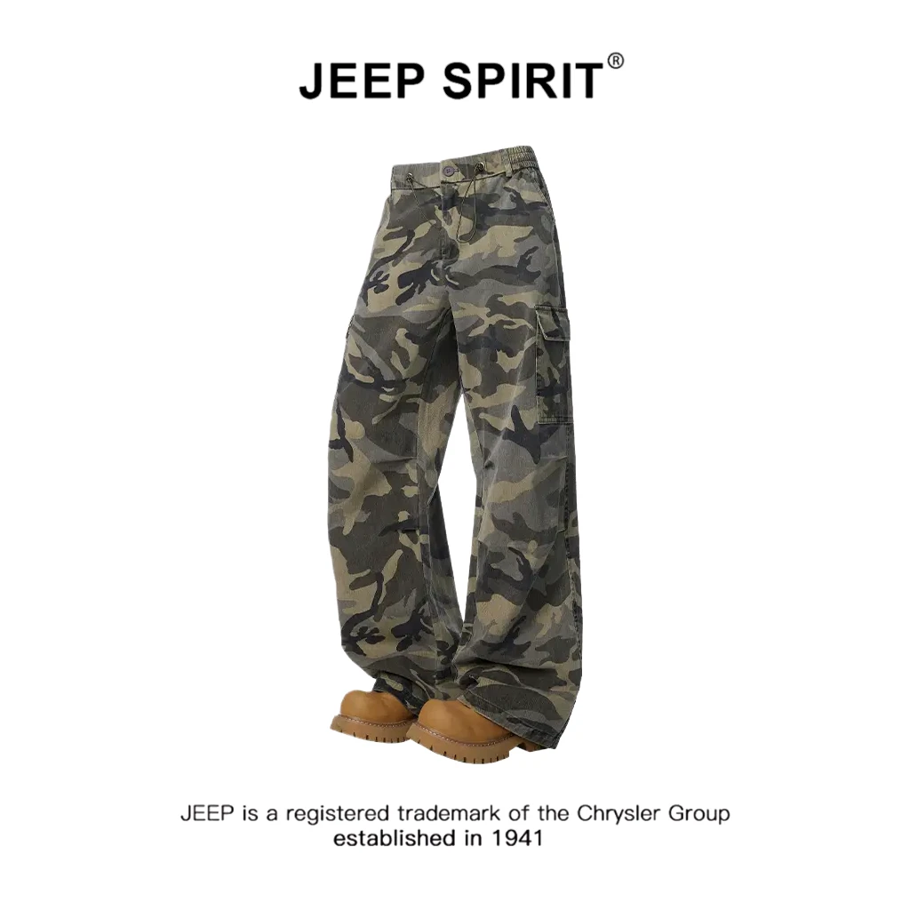 JEEPSPIRIT吉普迷彩松紧腰男士工装裤夏季直筒高街垂感休闲裤子