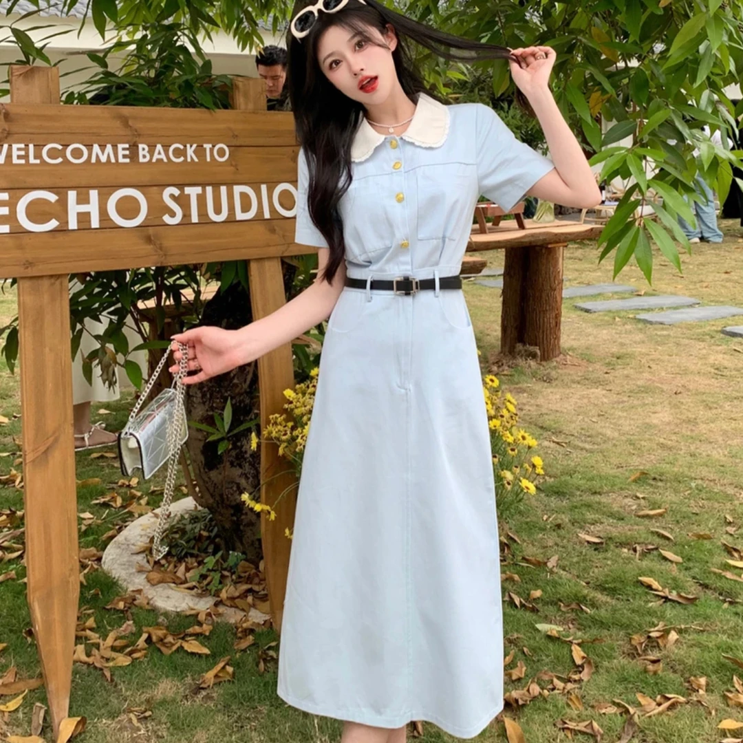 长款娃娃领撞色短袖连衣裙(配腰带)