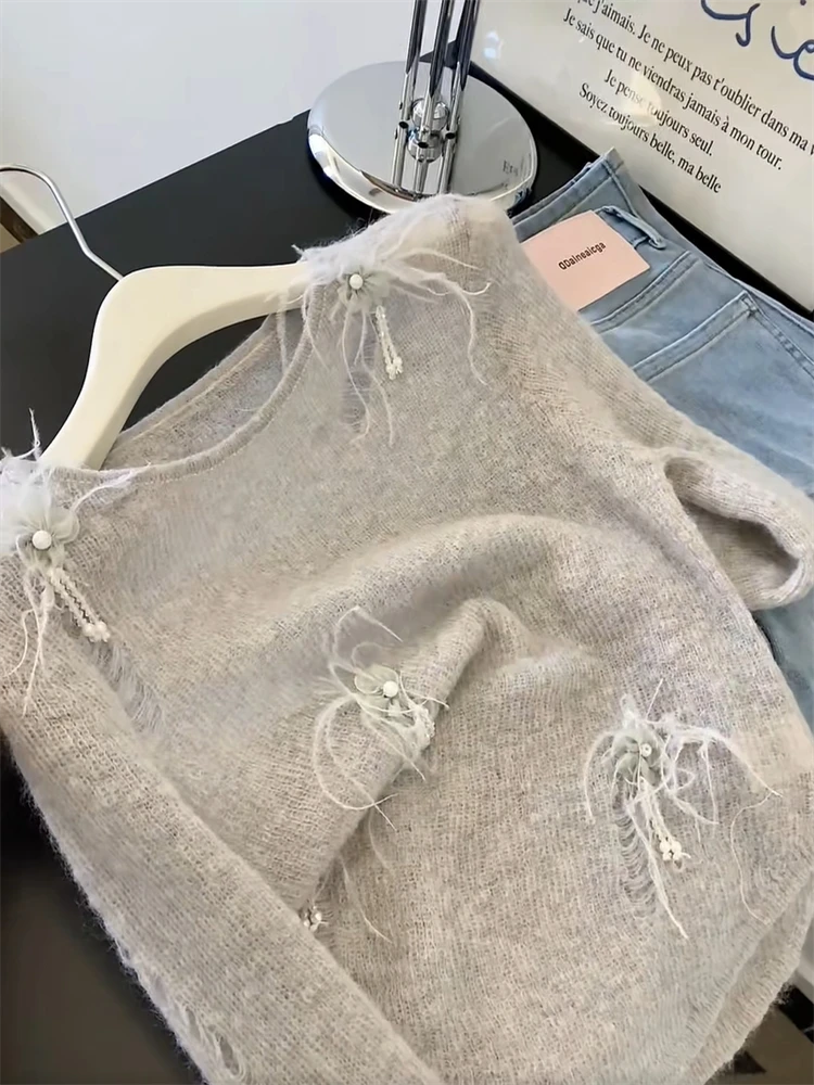 法式破洞镂空针织衫女秋季重工钉珠花朵长袖打底衫辣妹别致上衣