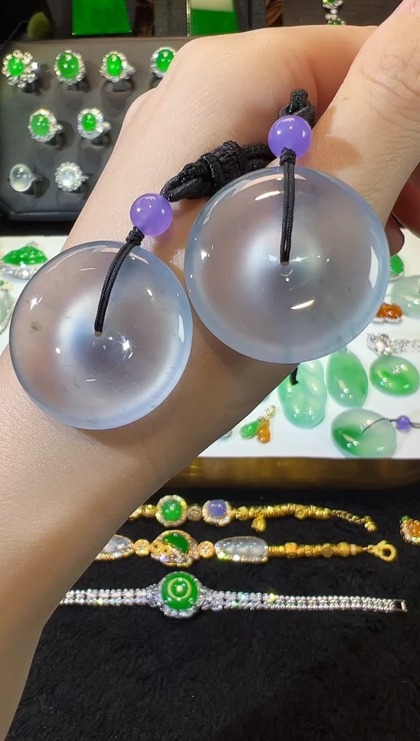 吊坠(不含链)未镶嵌翡翠高冰玻璃种飘花平安扣一对