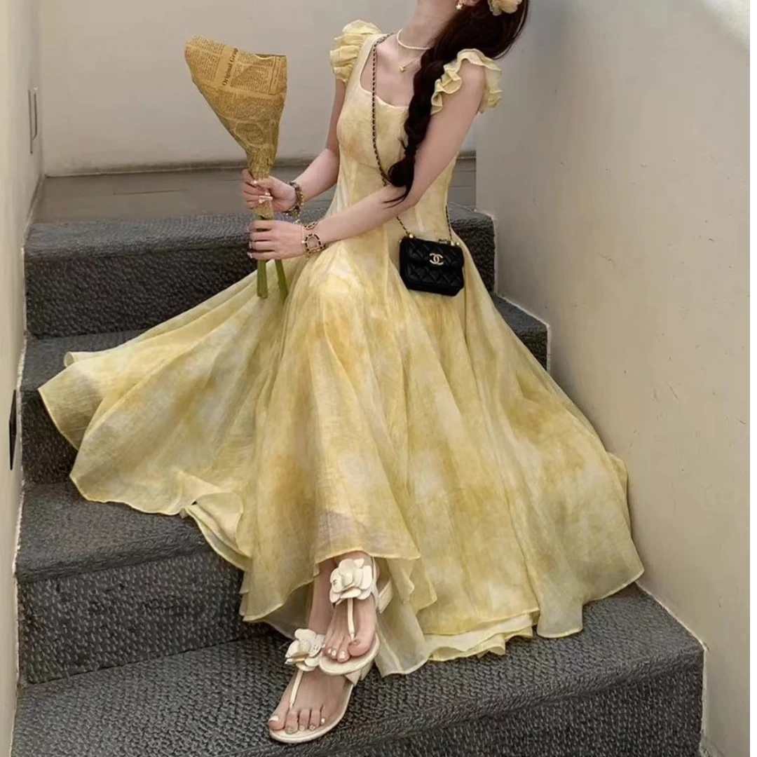 （TING）2025法式奶酪裙长款收腰温柔气质连衣裙25062