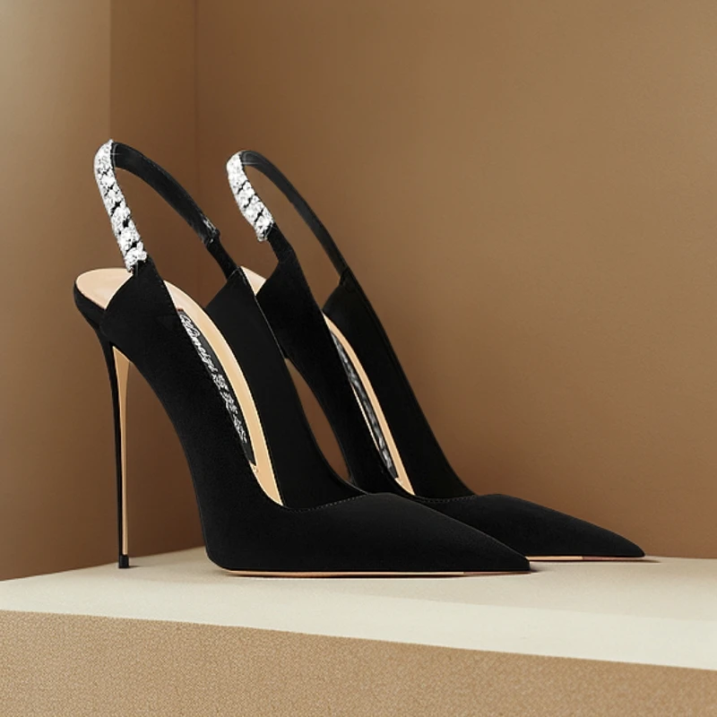 黑色一字带高跟鞋女洋气尖头2025秋冬新款细跟水钻高级感时尚凉鞋